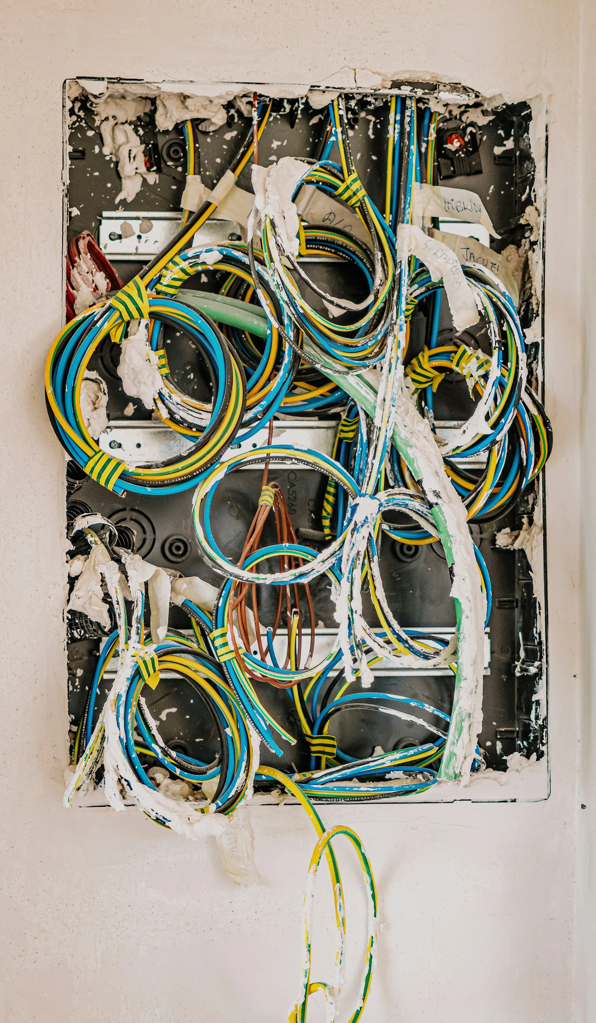 A wall box with multiple conductors emerging from it